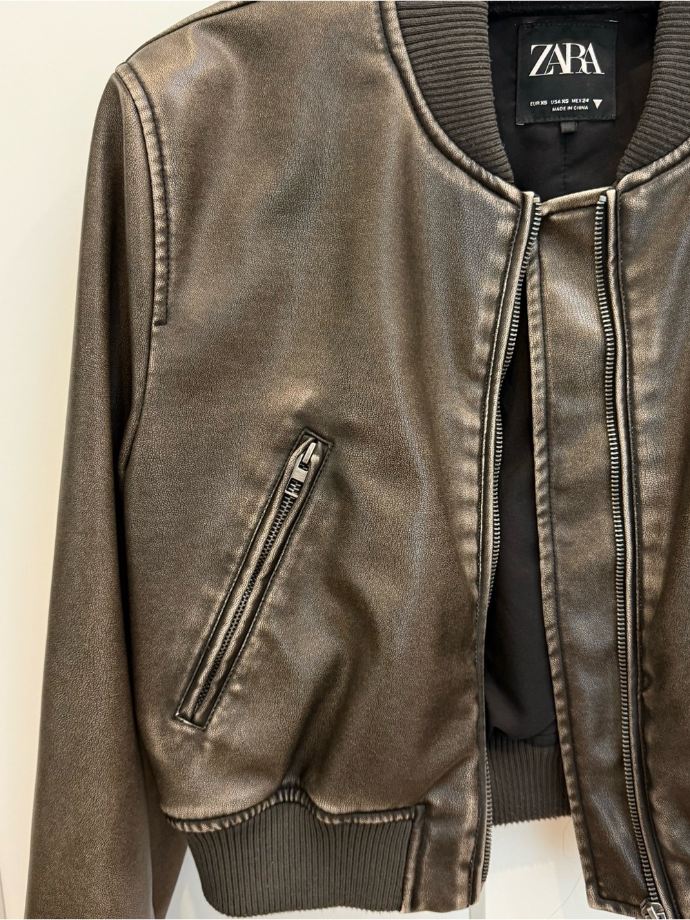 Zara Brown Faux-Leather Cropped Bomber Jacket - Picture 4 of 12